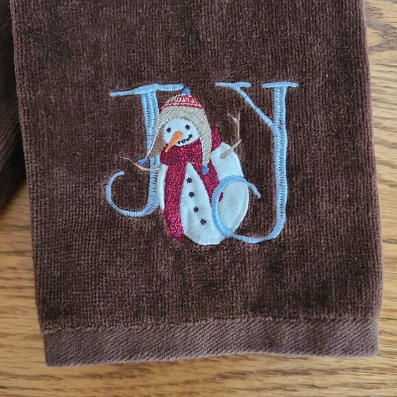 Holiday Hand Towels Brown "Joy" Snowman Set Of Two Velour Look - Picture 2 of 13